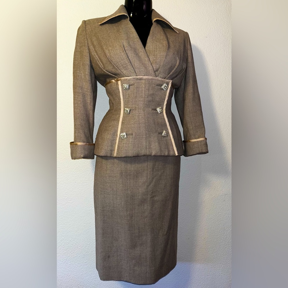 1950s Lilli Ann Fitted Wool Suit,Skirt Suit Rhinestone Buttons XS